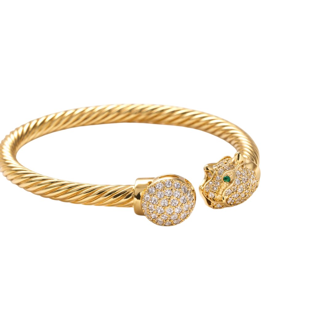Aarvika CZ Crystal Gold Twisted Cable Panther Bracelet – full set