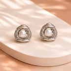 Aarvika Silver Pearl Statement Stud Earrings – model wearing