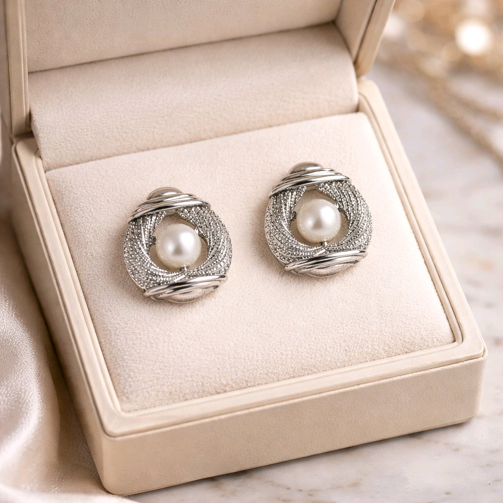 Aarvika Silver Pearl Statement Stud Earrings – front view