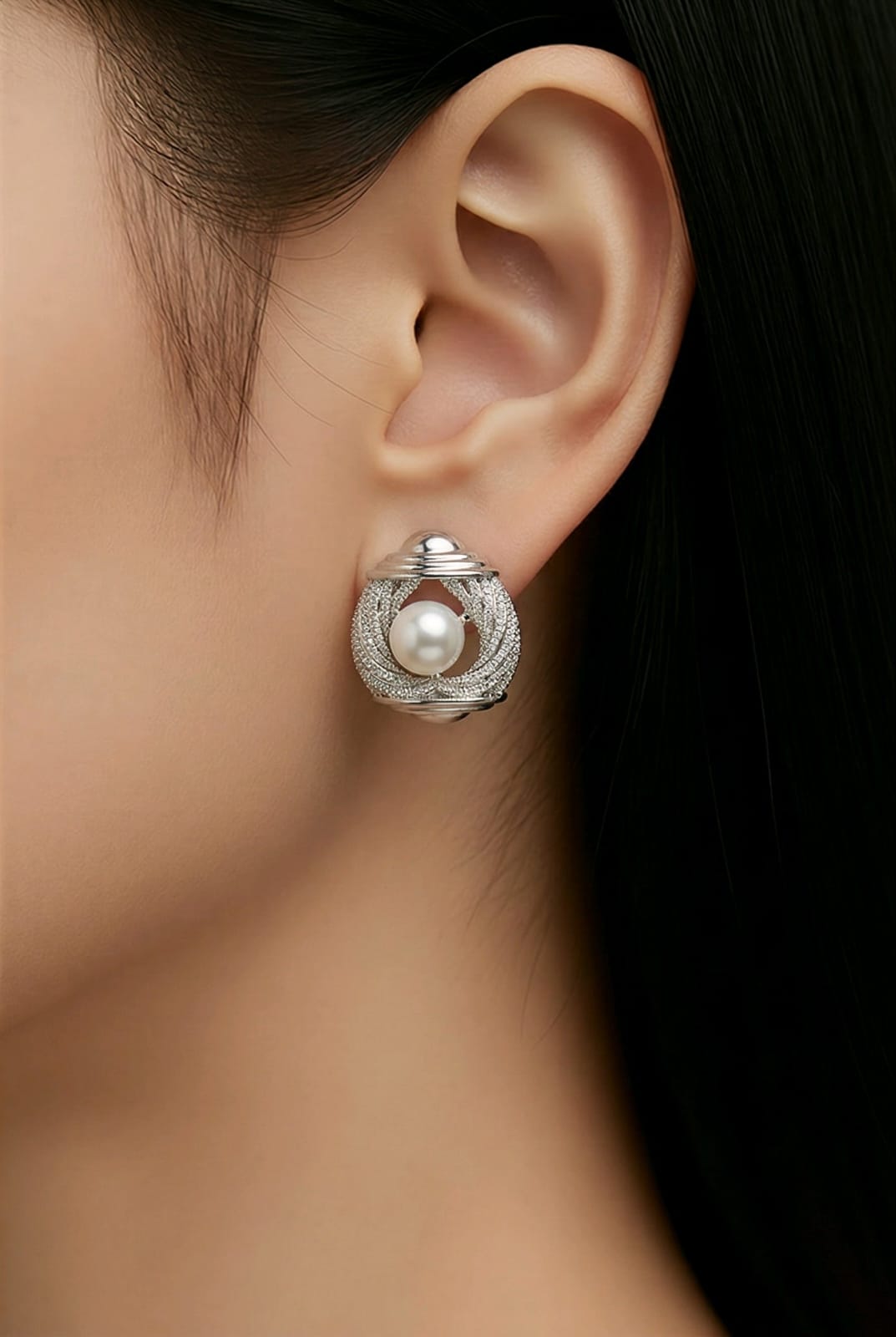 Aarvika Silver Pearl Statement Stud Earrings – flat lay