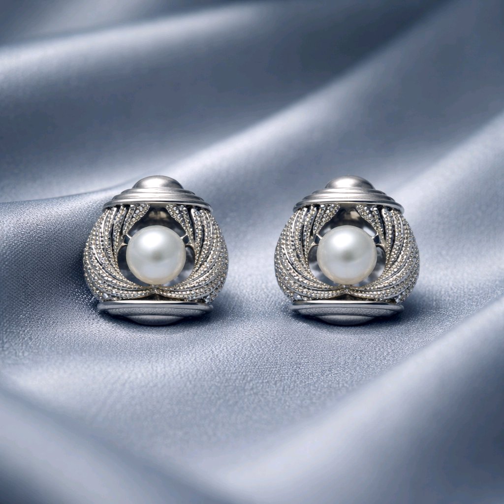 Aarvika Silver Pearl Statement Stud Earrings – side view