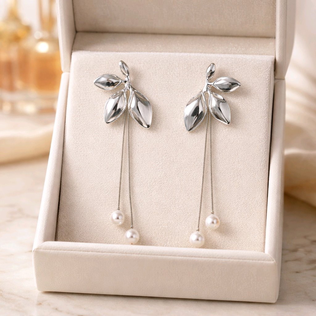 Aarvika Silver Leaf Pearl Drop Earrings – front view