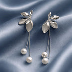 Aarvika Silver Leaf Pearl Drop Earrings – close-up detail