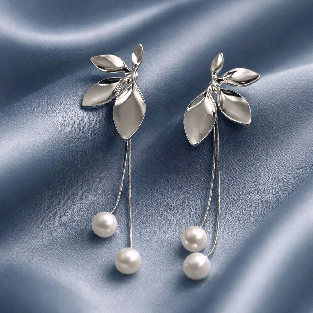 Aarvika Silver Leaf Pearl Drop Earrings – close-up detail
