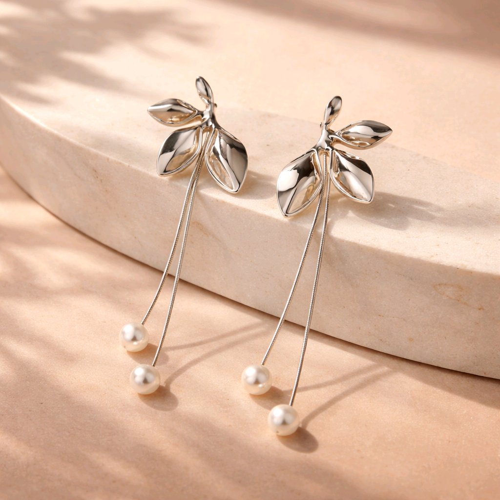 Aarvika Silver Leaf Pearl Drop Earrings – full set
