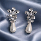 Aarvika Silver Floral Pearl Drop Earrings – side view
