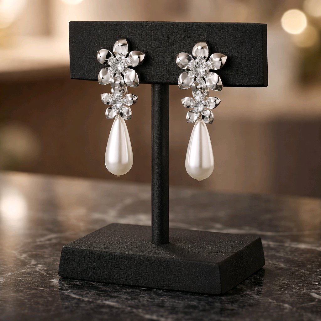Aarvika Silver Floral Pearl Drop Earrings – front view