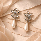 Aarvika Silver Floral Pearl Drop Earrings – close-up detail