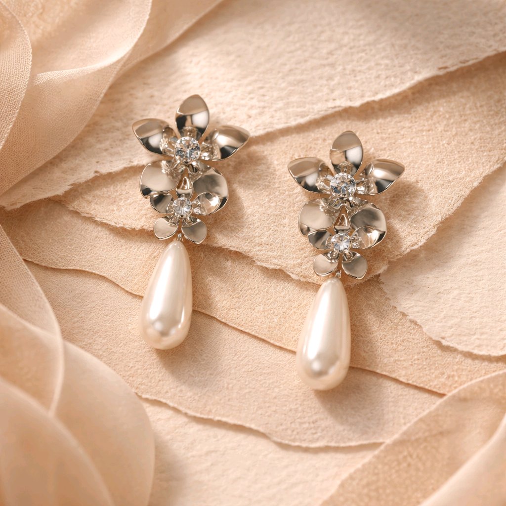 Aarvika Silver Floral Pearl Drop Earrings – close-up detail