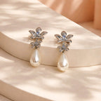 Aarvika Silver Floral Pearl Drop Earrings – back view