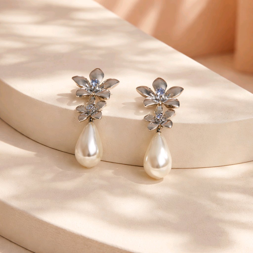 Aarvika Silver Floral Pearl Drop Earrings – back view