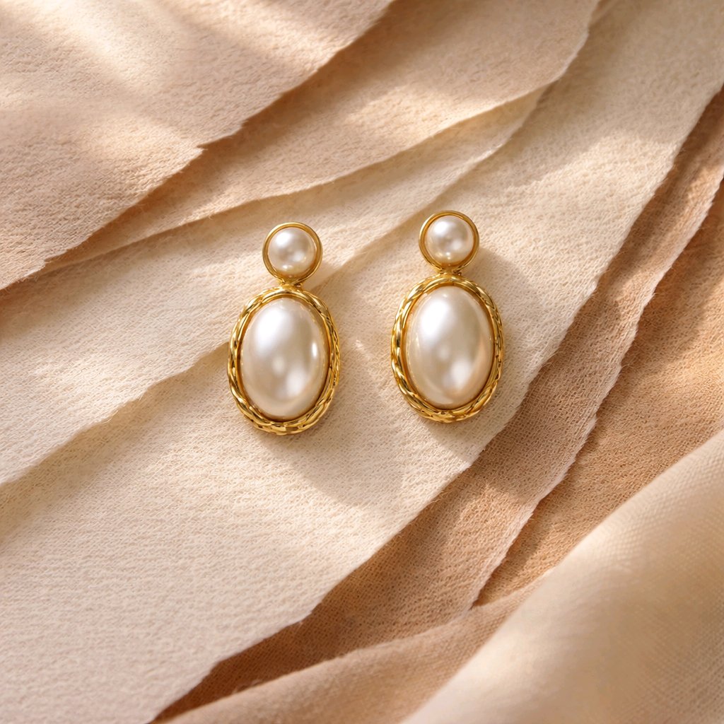 Aarvika Gold Oval Pearl Drop Earrings – side view