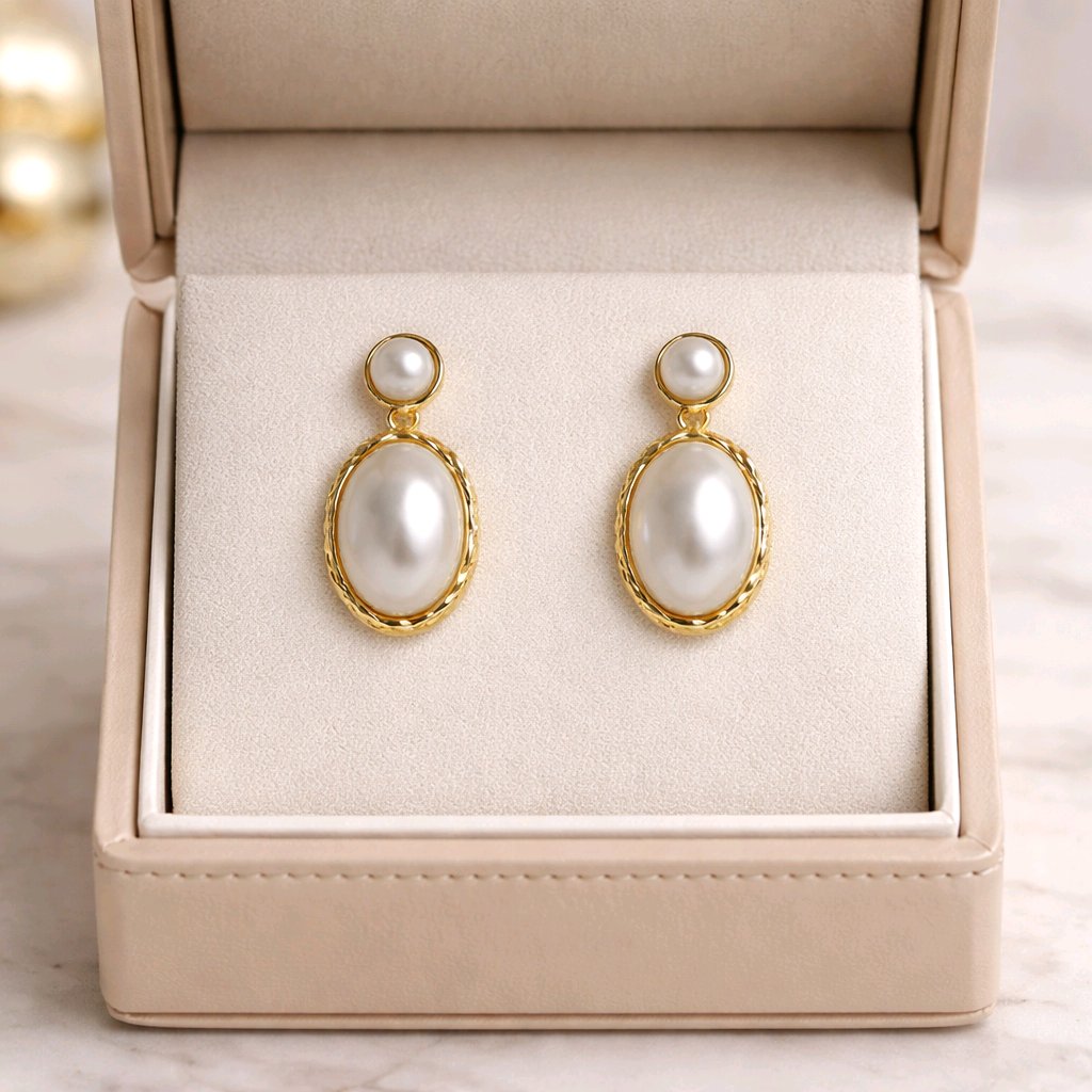 Aarvika Gold Oval Pearl Drop Earrings – front view