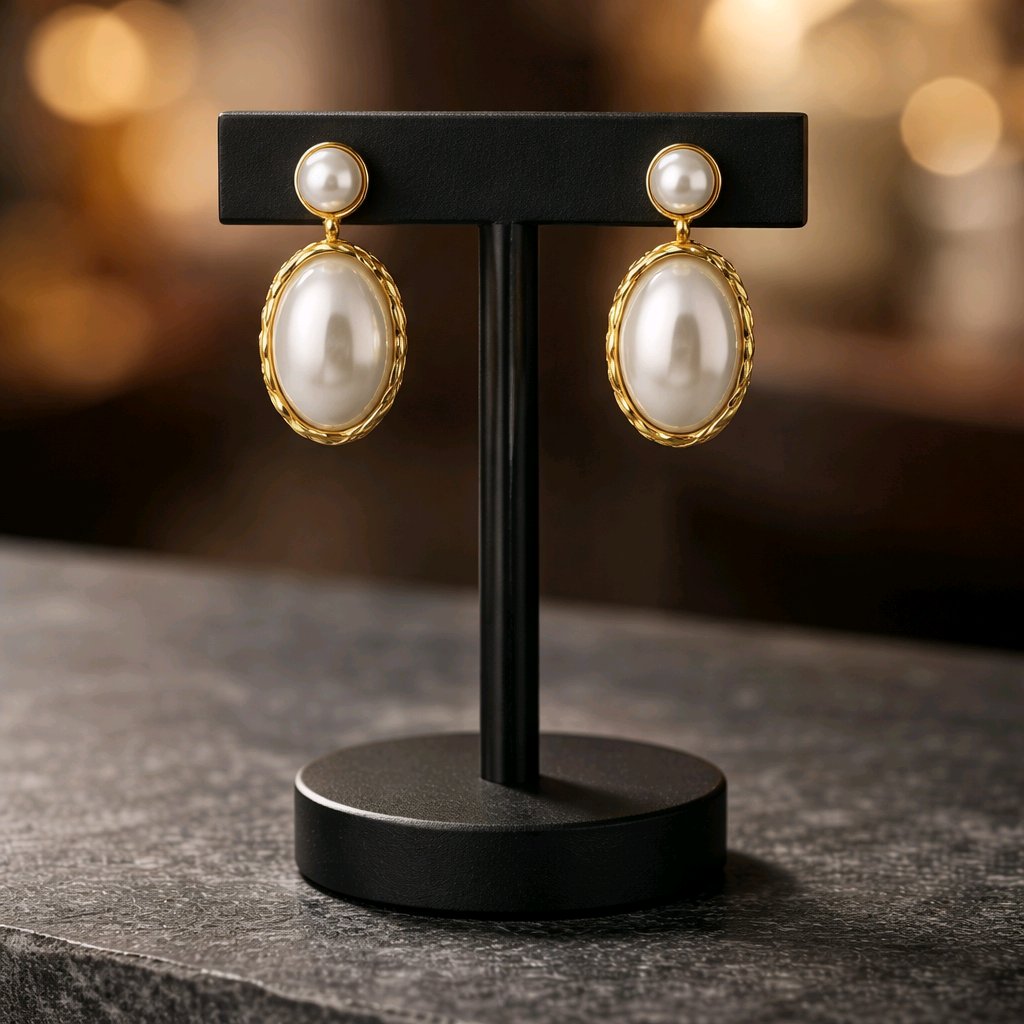 Aarvika Gold Oval Pearl Drop Earrings – close-up detail