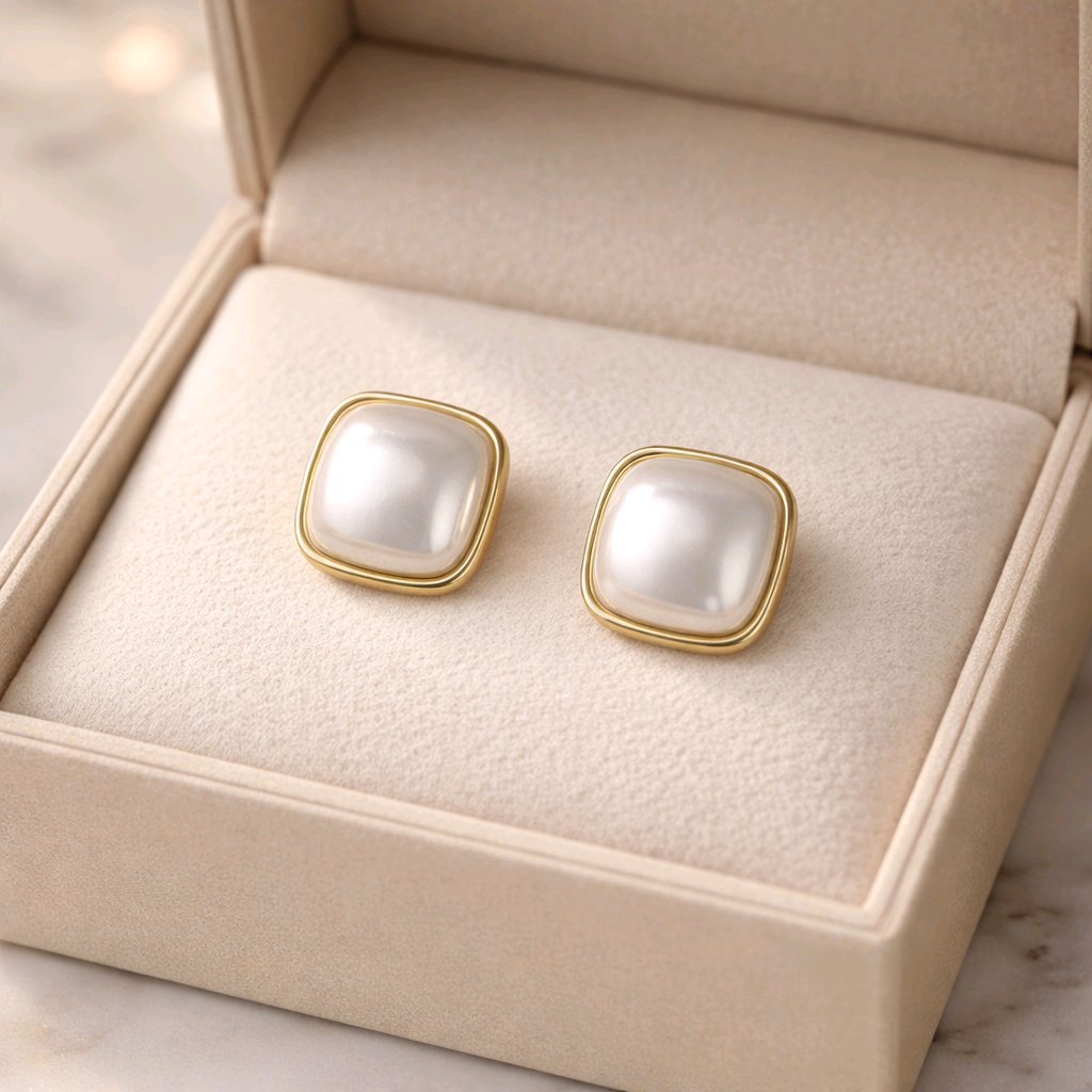 Aarvika Gold Square Pearl Stud Earrings – front view