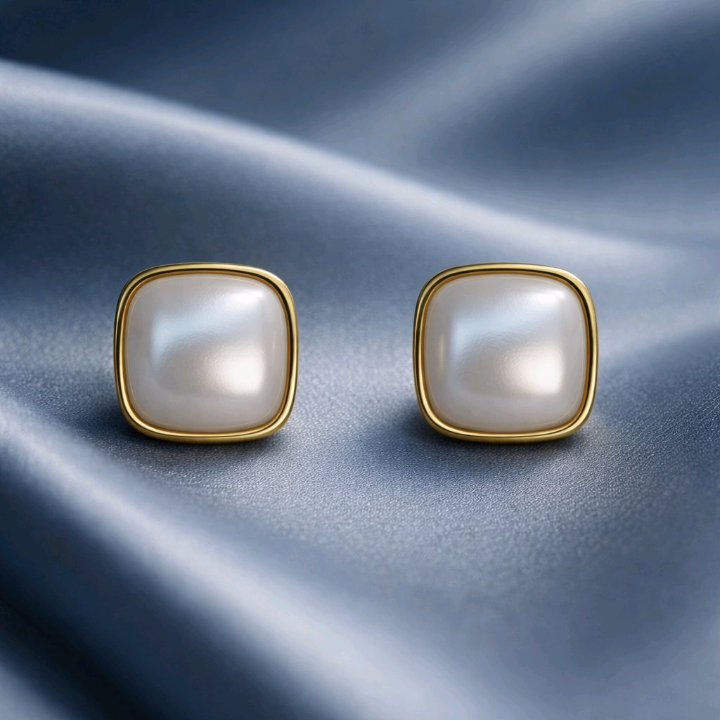 Aarvika Gold Square Pearl Stud Earrings – close-up detail