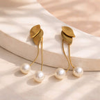 Aarvika Gold Leaf Pearl Drop Earrings – side view