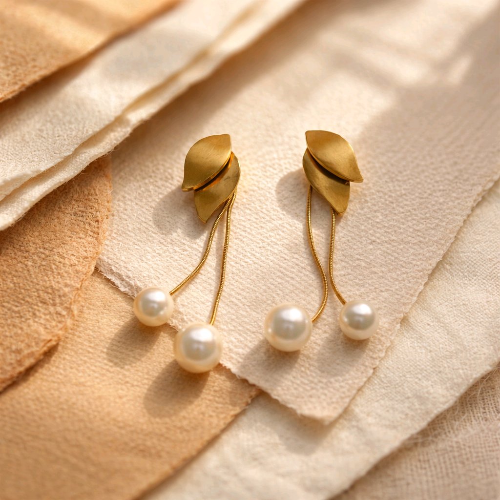 Aarvika Gold Leaf Pearl Drop Earrings – flat lay
