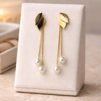 Aarvika Gold Leaf Pearl Drop Earrings – front view