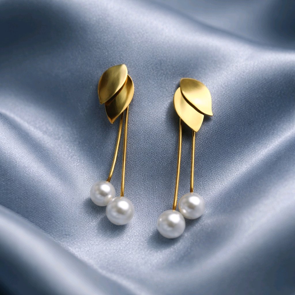 Aarvika Gold Leaf Pearl Drop Earrings – model wearing