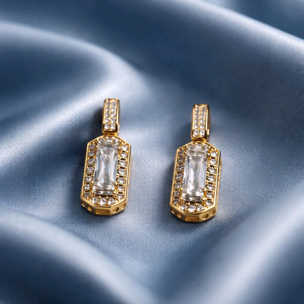 Aarvika CZ Crystal Gold Crystal Baguette Drop Earrings – side view
