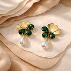 Aarvika Gold Clover Green Stone Pearl Drop Earrings – close-up detail