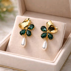 Aarvika Gold Clover Green Stone Pearl Drop Earrings – front view