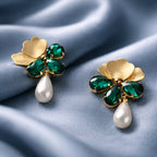 Aarvika Gold Clover Green Stone Pearl Drop Earrings – flat lay
