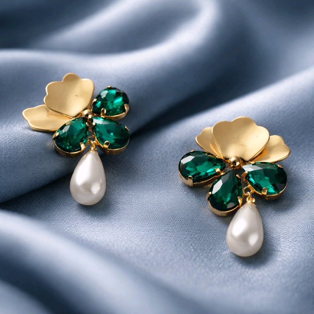 Aarvika Gold Clover Green Stone Pearl Drop Earrings – flat lay