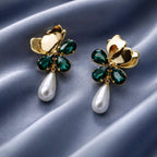 Aarvika Gold Clover Green Stone Pearl Drop Earrings – back view