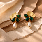 Aarvika Gold Clover Green Stone Pearl Drop Earrings – full set