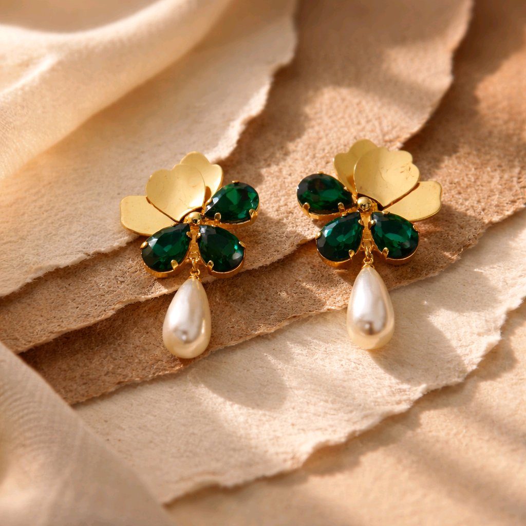 Aarvika Gold Clover Green Stone Pearl Drop Earrings – full set