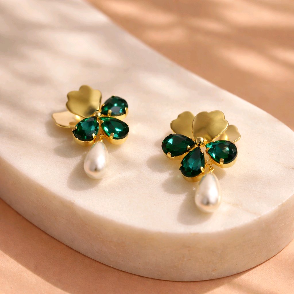 Aarvika Gold Clover Green Stone Pearl Drop Earrings – side view