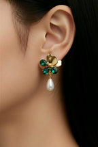 Aarvika Gold Clover Green Stone Pearl Drop Earrings – model wearing