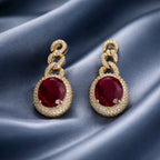 Aarvika CZ Crystal Gold Ruby Red Stone Drop Earrings – close-up detail