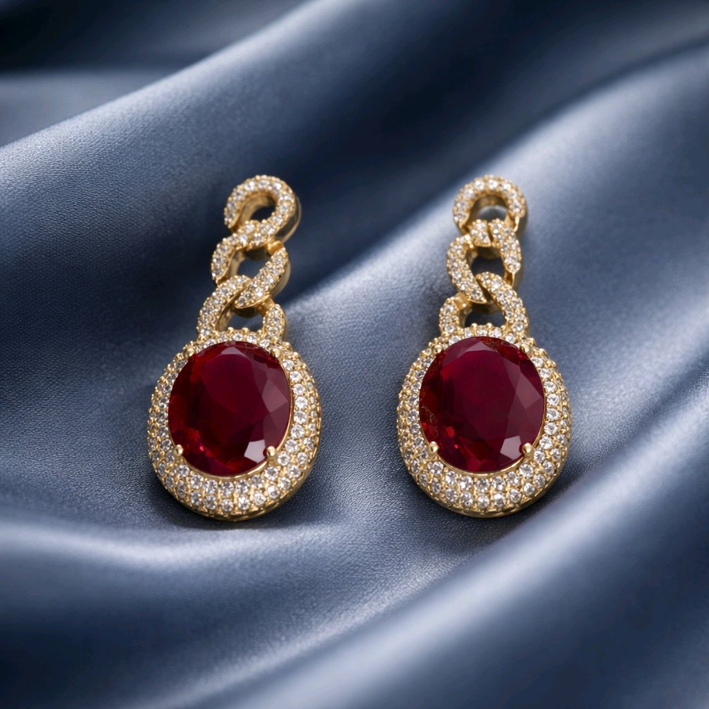 Aarvika CZ Crystal Gold Ruby Red Stone Drop Earrings – close-up detail