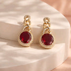 Aarvika CZ Crystal Gold Ruby Red Stone Drop Earrings – back view