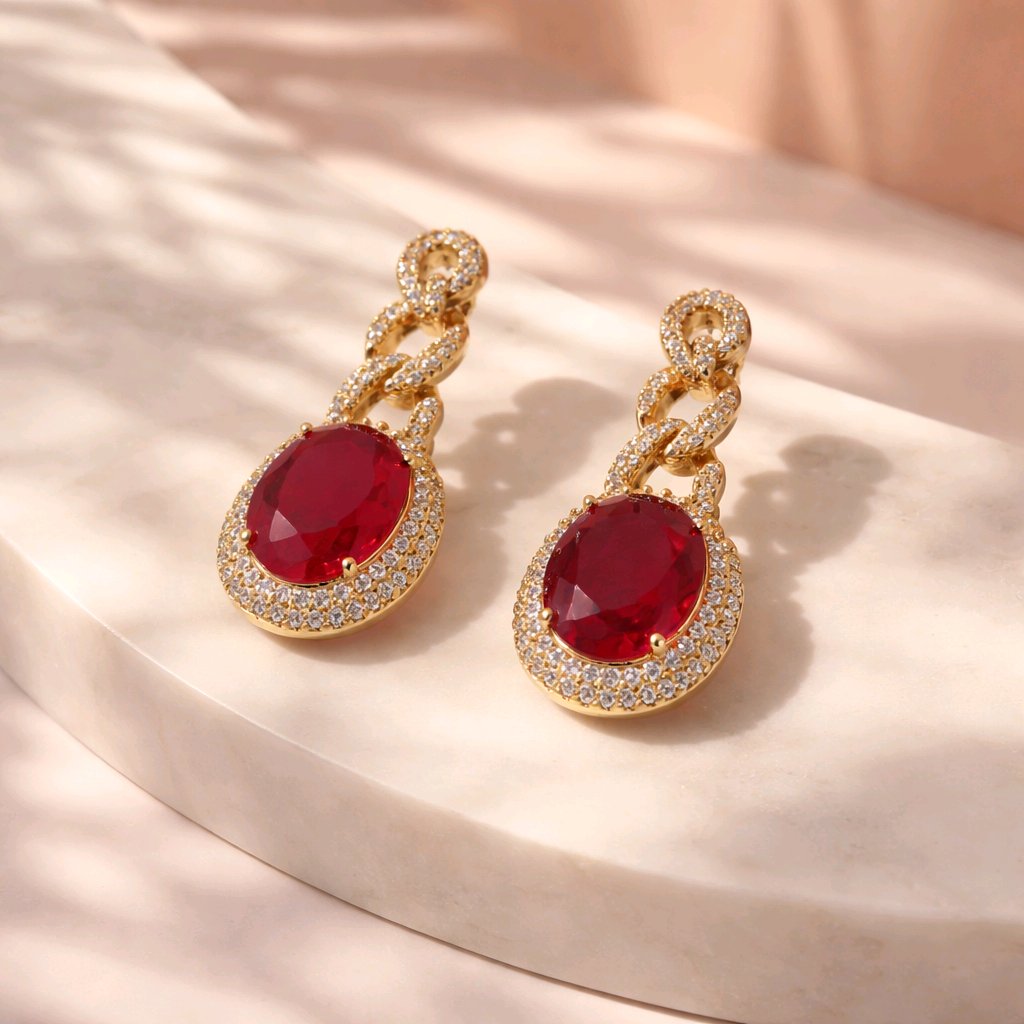 Aarvika CZ Crystal Gold Ruby Red Stone Drop Earrings – side view