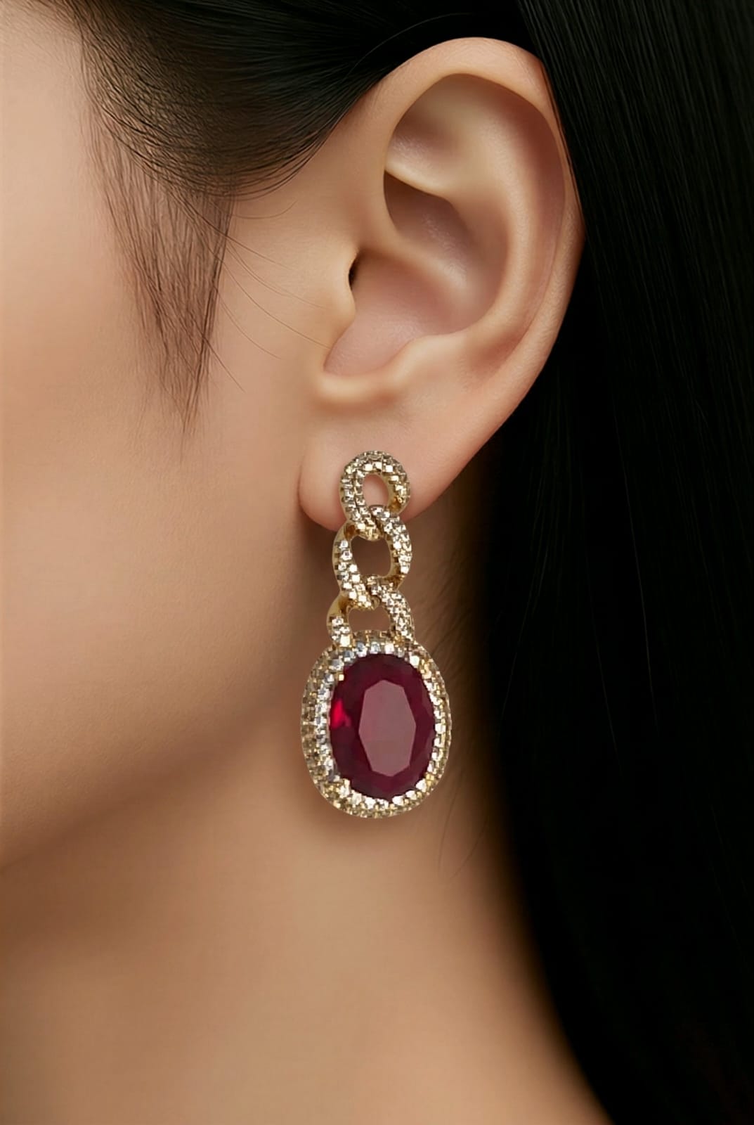 Aarvika CZ Crystal Gold Ruby Red Stone Drop Earrings – model wearing