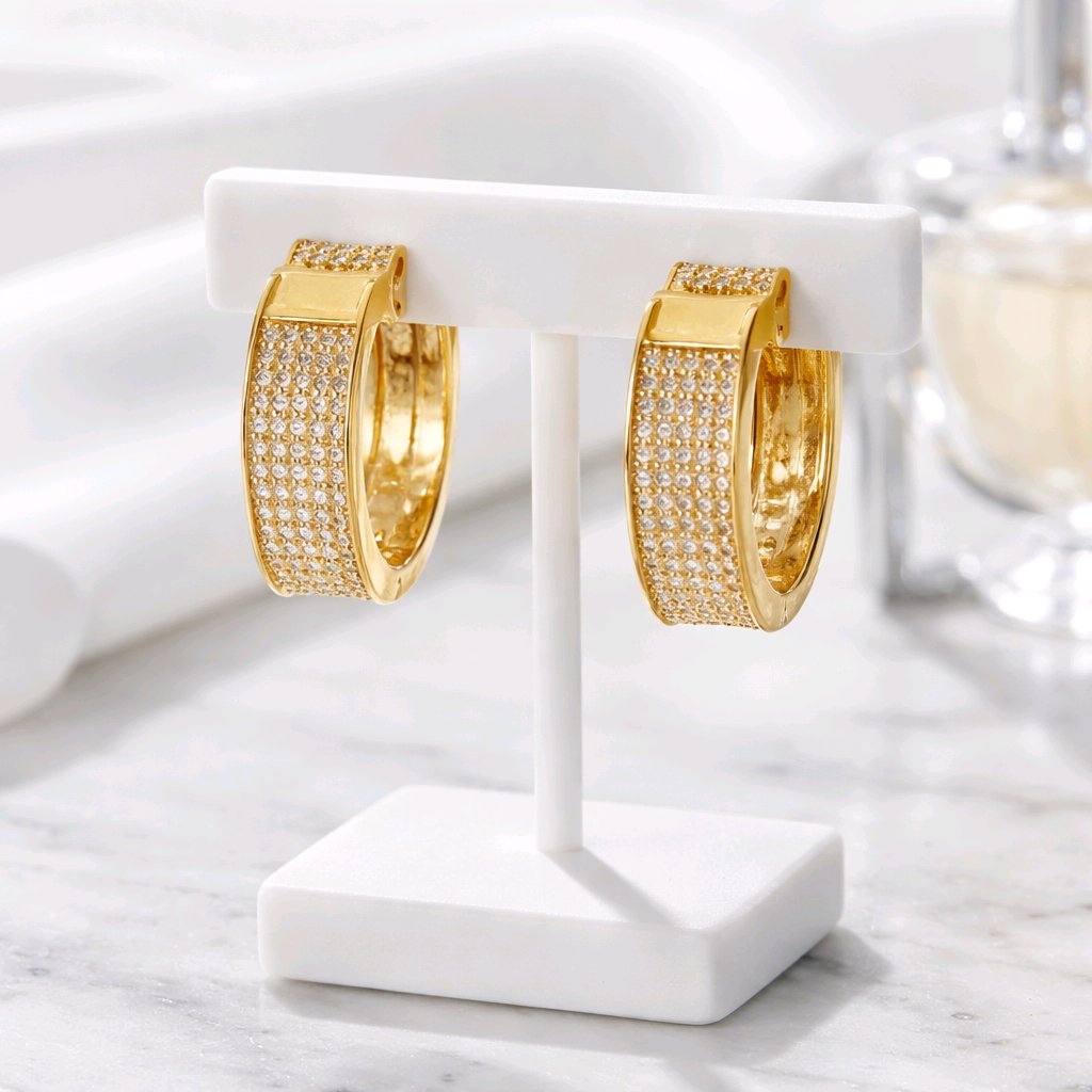 Aarvika CZ Crystal Gold CZ Studded Wide Hoop Earrings – front view