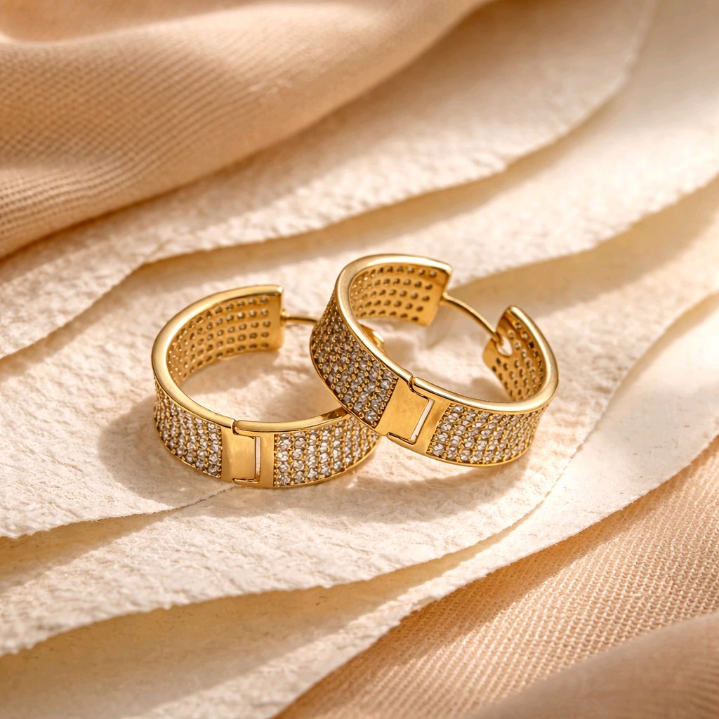 Aarvika CZ Crystal Gold CZ Studded Wide Hoop Earrings – back view