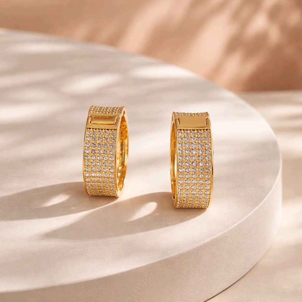 Aarvika CZ Crystal Gold CZ Studded Wide Hoop Earrings – full set