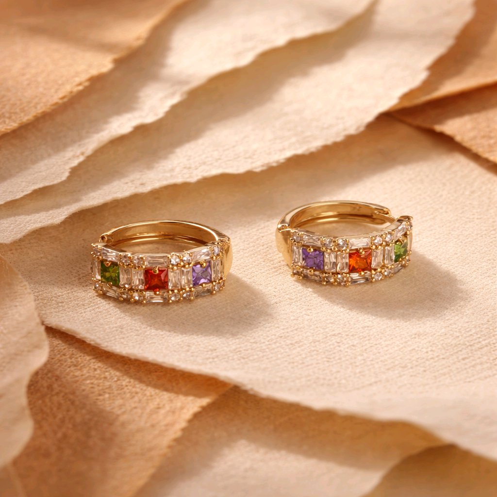 Aarvika CZ Crystal Gold Multicolor Stone Hoop Earrings – model wearing