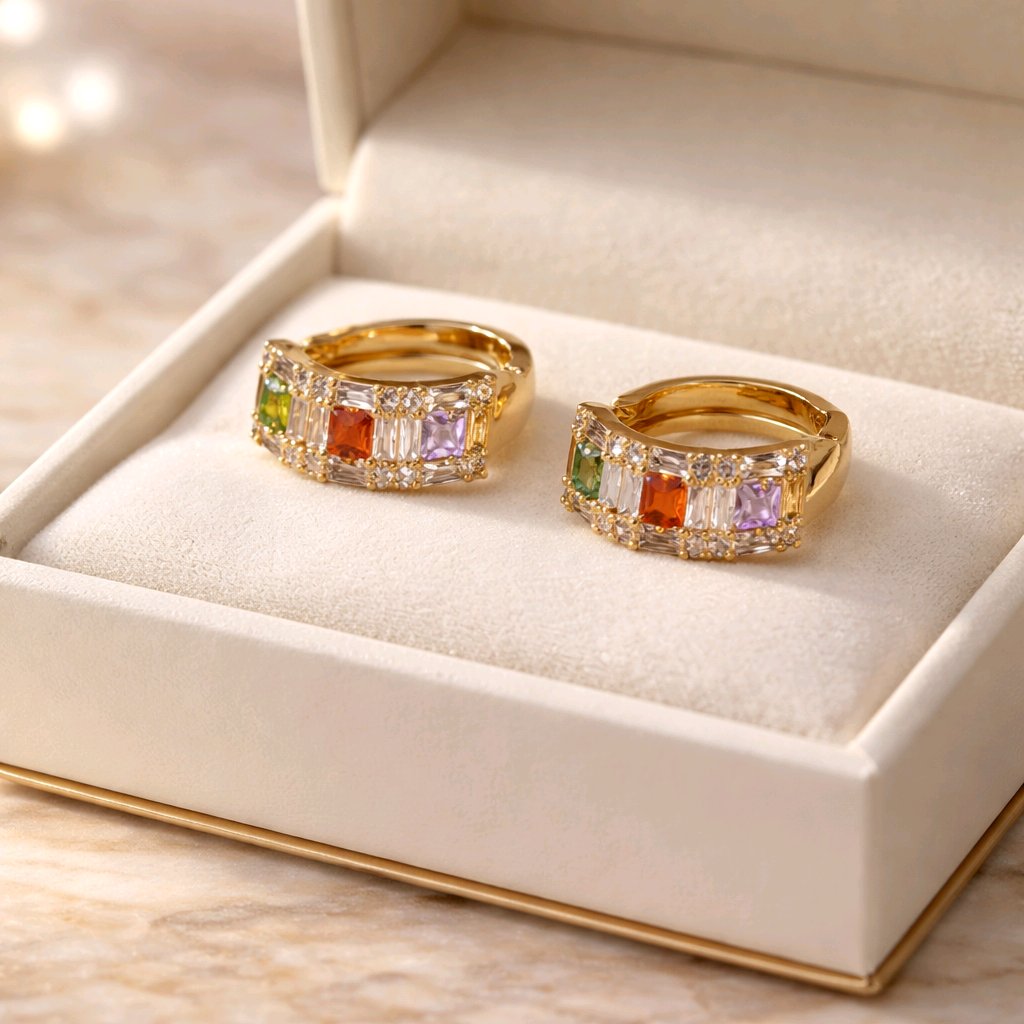 Aarvika CZ Crystal Gold Multicolor Stone Hoop Earrings – front view