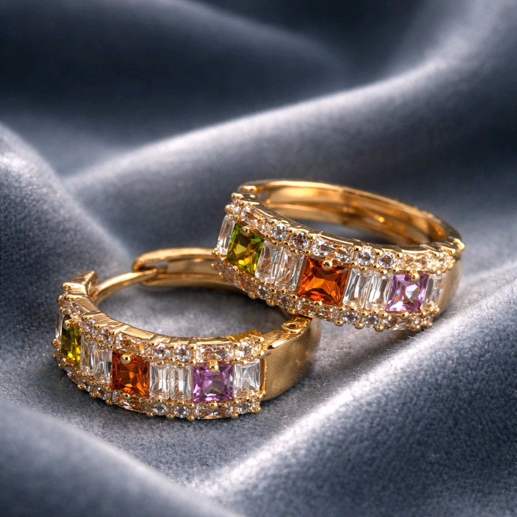 Aarvika CZ Crystal Gold Multicolor Stone Hoop Earrings – side view