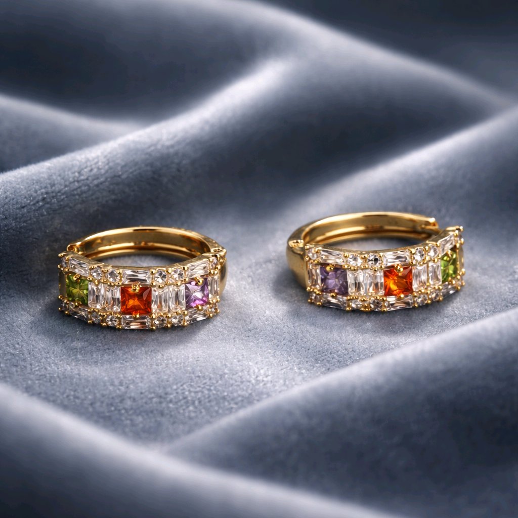 Aarvika CZ Crystal Gold Multicolor Stone Hoop Earrings – flat lay
