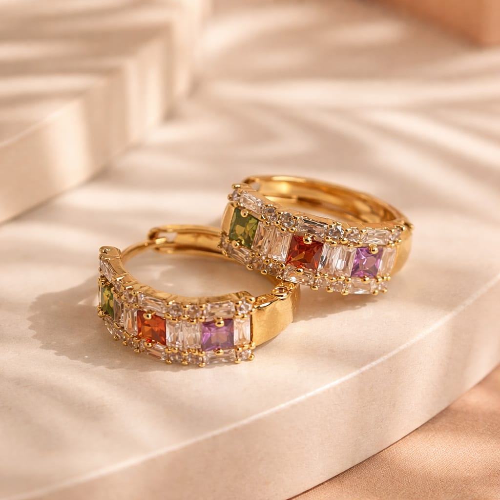 Aarvika CZ Crystal Gold Multicolor Stone Hoop Earrings – close-up detail