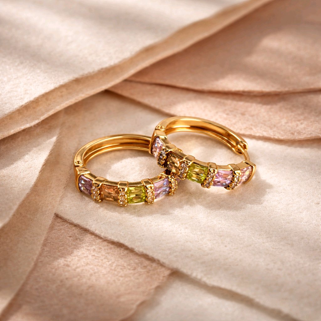 Aarvika CZ Crystal Gold Pastel CZ Huggie Hoop Earrings – flat lay