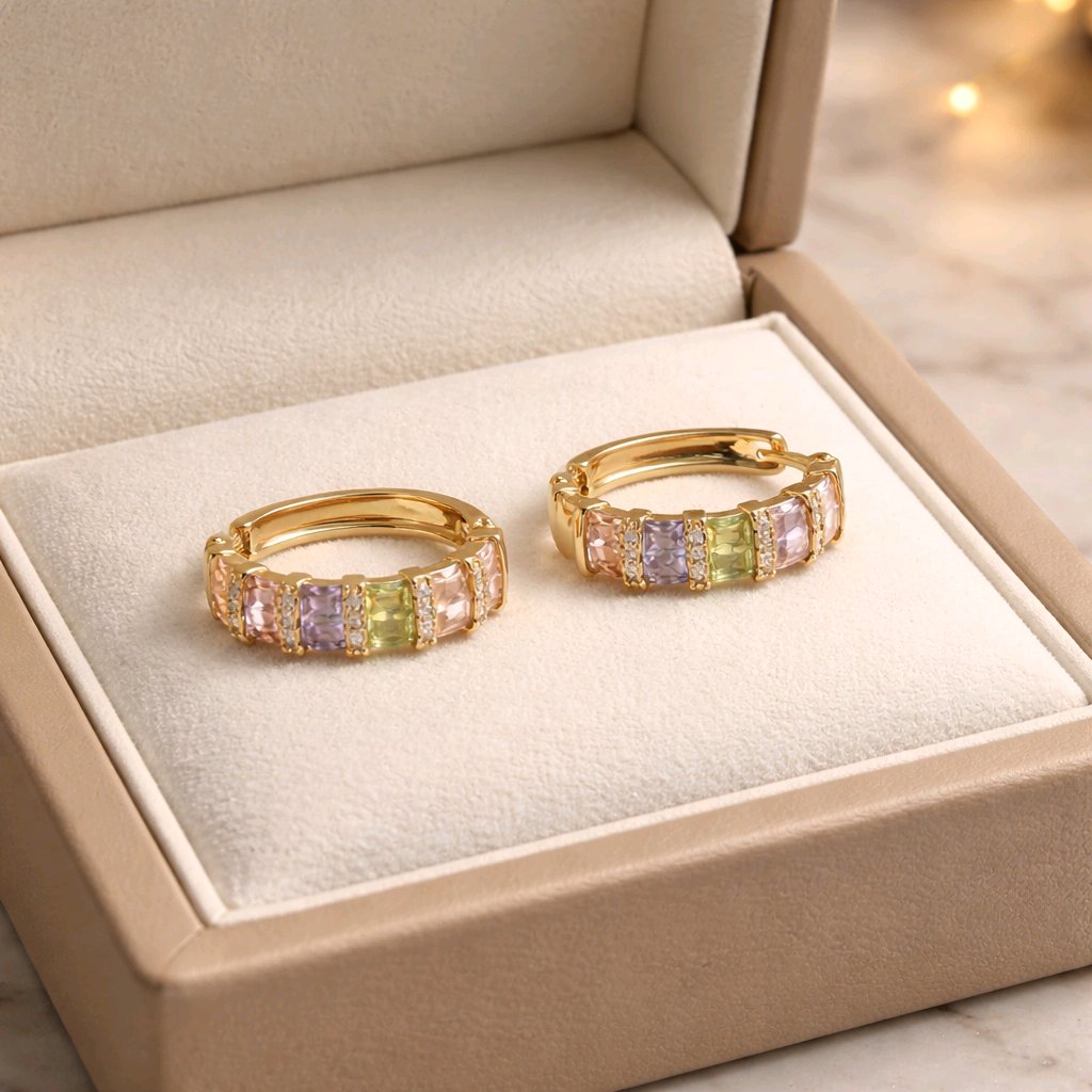 Aarvika CZ Crystal Gold Pastel CZ Huggie Hoop Earrings – close-up detail