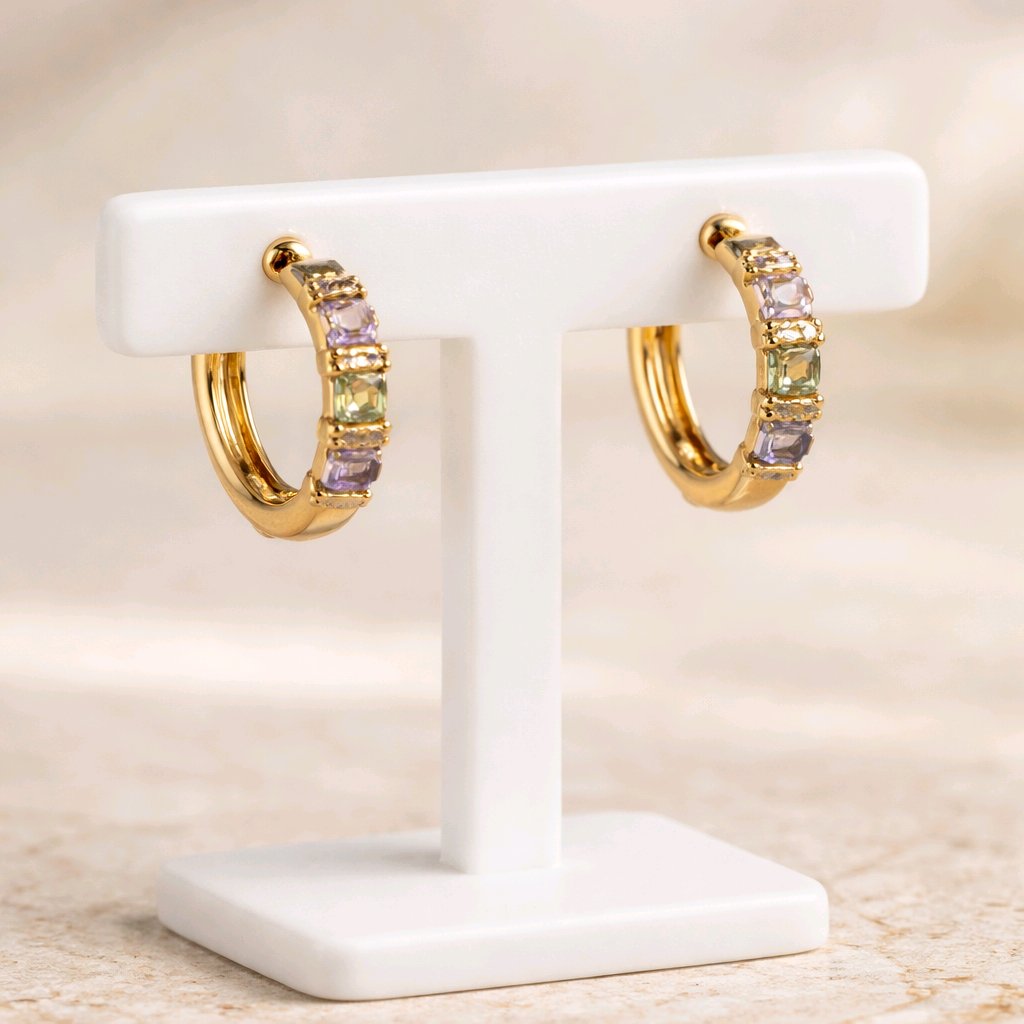 Aarvika CZ Crystal Gold Pastel CZ Huggie Hoop Earrings – front view